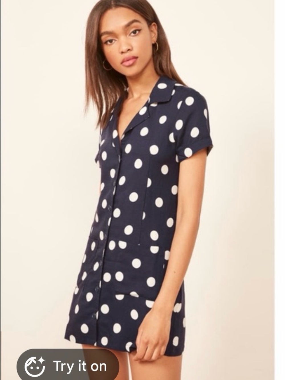 Reformation Navy Polka Dot Shirt Button Down Dress